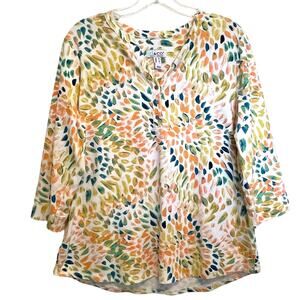 Denim & Co Henley Tee Womens Medium Multicolor Dandelion Geo Cotton Knit Top